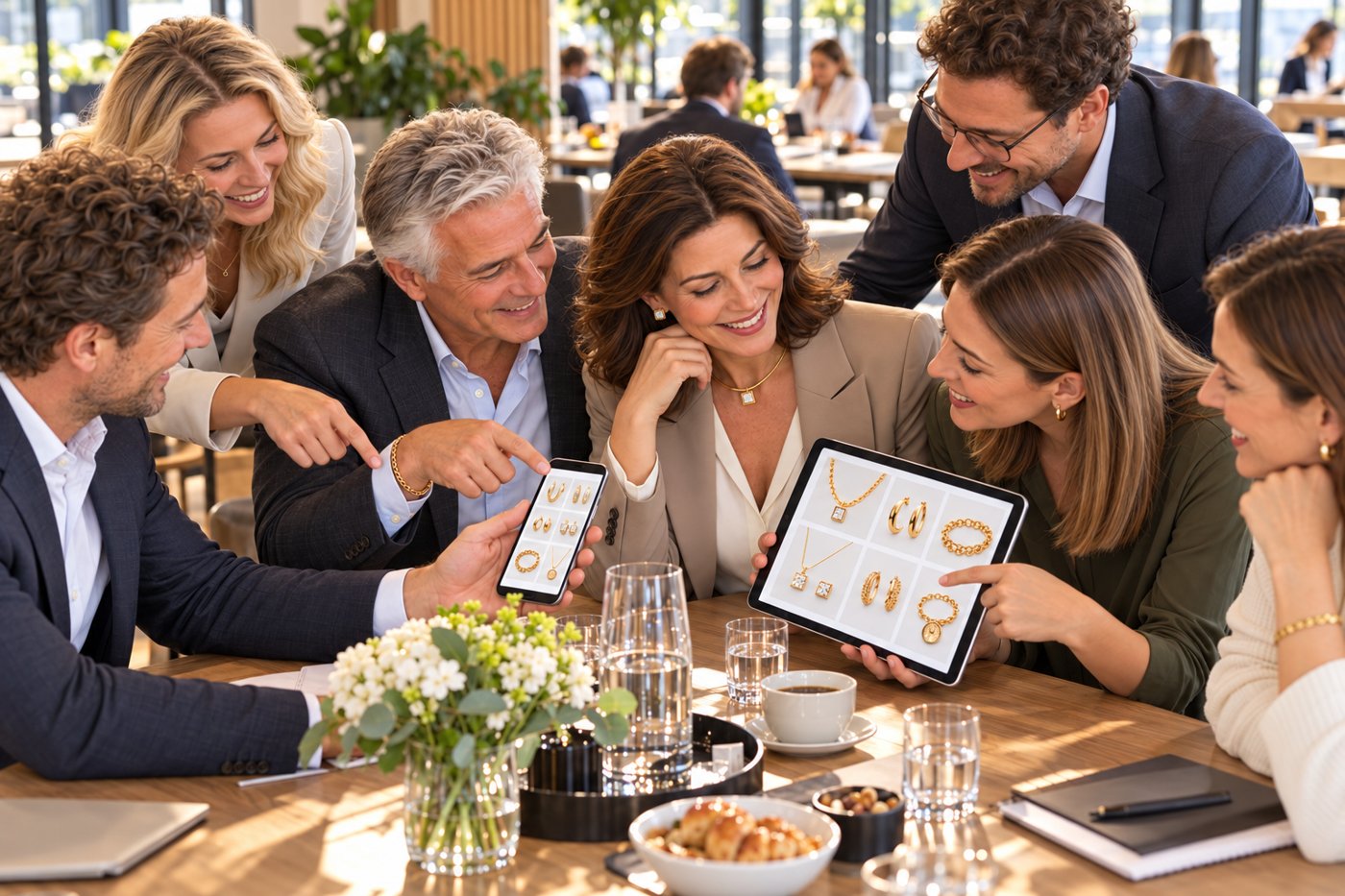 Mehrere Mitarbeiter sehen sich beim Essen auf Handy und Tablet einen Schmuck-Outlet an und lachen